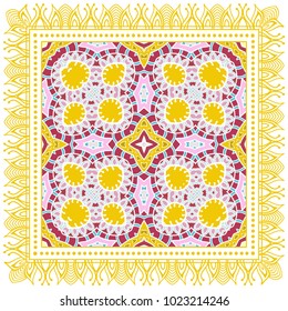 Decorative colorful ornament on a white background, symmetric pattern with doodle lace frame. Tribal ethnic mandala decor. Bandana shawl, tablecloth fabric print, silk neck scarf, kerchief design