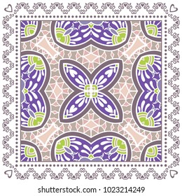 Decorative colorful ornament on a white background, symmetric pattern with doodle lace frame. Tribal ethnic mandala decor. Bandana shawl, tablecloth fabric print, silk neck scarf, kerchief design