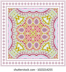 Decorative colorful ornament on a white background, symmetric pattern with geometric frame border. Tribal ethnic mandala decor. Bandana shawl, tablecloth fabric print, silk neck scarf, kerchief design