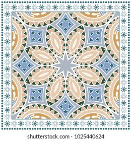 Decorative colorful ornament on a white background, symmetric pattern with doodle lace frame. Tribal ethnic mandala decor. Bandana shawl, tablecloth fabric print, silk neck scarf, kerchief design