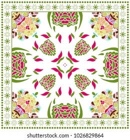 Decorative colorful ornament on a white background, symmetric pattern with doodle lace frame. Tribal ethnic mandala decor. Bandana shawl, tablecloth fabric print, silk neck scarf, kerchief design