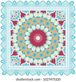Decorative colorful ornament on a white background, symmetric pattern with doodle lace frame. Tribal ethnic mandala decor. Bandana shawl, tablecloth fabric print, silk neck scarf, kerchief design