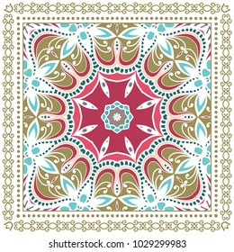 Decorative colorful ornament on a white background, symmetric pattern with doodle lace frame. Tribal ethnic mandala decor. Bandana shawl, tablecloth fabric print, silk neck scarf, kerchief design