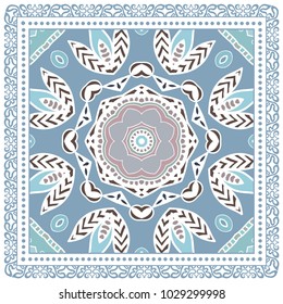 Decorative colorful ornament on a white background, symmetric pattern with doodle lace frame. Tribal ethnic mandala decor. Bandana shawl, tablecloth fabric print, silk neck scarf, kerchief design