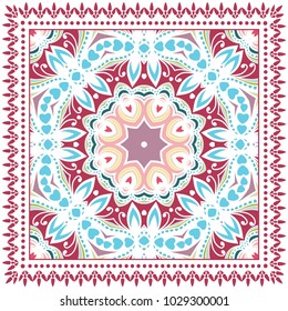 Decorative colorful ornament on a white background, symmetric pattern with doodle lace frame. Tribal ethnic mandala decor. Bandana shawl, tablecloth fabric print, silk neck scarf, kerchief design