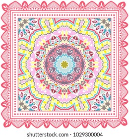 Decorative colorful ornament on a white background, symmetric pattern with doodle lace frame. Tribal ethnic mandala decor. Bandana shawl, tablecloth fabric print, silk neck scarf, kerchief design