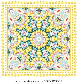 Decorative colorful ornament on a white background, symmetric pattern with doodle lace frame. Tribal ethnic mandala decor. Bandana shawl, tablecloth fabric print, silk neck scarf, kerchief design