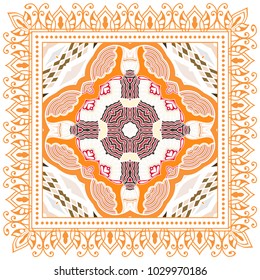 Decorative colorful ornament on a white background, symmetric pattern with doodle lace frame. Tribal ethnic mandala decor. Bandana shawl, tablecloth fabric print, silk neck scarf, kerchief design