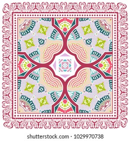 Decorative colorful ornament on a white background, symmetric pattern with doodle lace frame. Tribal ethnic mandala decor. Bandana shawl, tablecloth fabric print, silk neck scarf, kerchief design