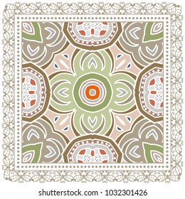 Decorative colorful ornament on a white background, symmetric pattern with doodle lace frame. Tribal ethnic mandala decor. Bandana shawl, tablecloth fabric print, silk neck scarf, kerchief design