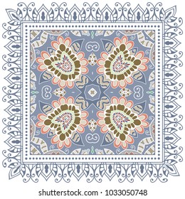 Decorative colorful ornament on a white background, symmetric pattern with doodle lace frame. Tribal ethnic mandala decor. Bandana shawl, tablecloth fabric print, silk neck scarf, kerchief design