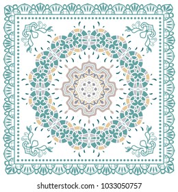 Decorative colorful ornament on a white background, symmetric pattern with doodle lace frame. Tribal ethnic mandala decor. Bandana shawl, tablecloth fabric print, silk neck scarf, kerchief design