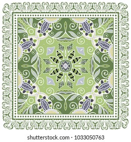 Decorative colorful ornament on a white background, symmetric pattern with doodle lace frame. Tribal ethnic mandala decor. Bandana shawl, tablecloth fabric print, silk neck scarf, kerchief design