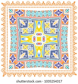 Decorative colorful ornament on a white background, symmetric pattern with doodle lace frame. Tribal ethnic mandala decor. Bandana shawl, tablecloth fabric print, silk neck scarf, kerchief design