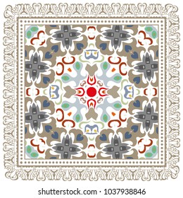 Decorative colorful ornament on a white background, symmetric pattern with doodle lace frame. Tribal ethnic mandala decor. Bandana shawl, tablecloth fabric print, silk neck scarf, kerchief design