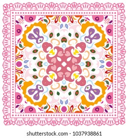 Decorative colorful ornament on a white background, symmetric pattern with doodle lace frame. Tribal ethnic mandala decor. Bandana shawl, tablecloth fabric print, silk neck scarf, kerchief design