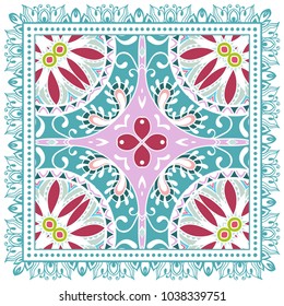 Decorative colorful ornament on a white background, symmetric pattern with doodle lace frame. Tribal ethnic mandala decor. Bandana shawl, tablecloth fabric print, silk neck scarf, kerchief design