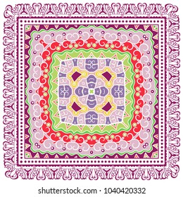 Decorative colorful ornament on a white background, symmetric pattern with doodle lace frame. Tribal ethnic mandala decor. Bandana shawl, tablecloth fabric print, silk neck scarf, kerchief design