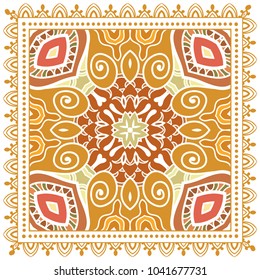 Decorative colorful ornament on a white background, symmetric pattern with doodle lace frame. Tribal ethnic mandala decor. Bandana shawl, tablecloth fabric print, silk neck scarf, kerchief design