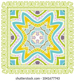 Decorative colorful ornament on a white background, symmetric pattern with doodle lace frame. Tribal ethnic mandala decor. Bandana shawl, tablecloth fabric print, silk neck scarf, kerchief design