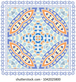 Decorative colorful ornament on a white background, symmetric pattern with doodle lace frame. Tribal ethnic mandala decor. Bandana shawl, tablecloth fabric print, silk neck scarf, kerchief design