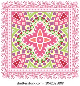 Decorative colorful ornament on a white background, symmetric pattern with doodle lace frame. Tribal ethnic mandala decor. Bandana shawl, tablecloth fabric print, silk neck scarf, kerchief design