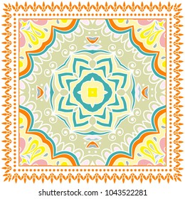Decorative colorful ornament on a white background, symmetric pattern with doodle lace frame. Tribal ethnic mandala decor. Bandana shawl, tablecloth fabric print, silk neck scarf, kerchief design
