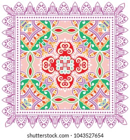 Decorative colorful ornament on a white background, symmetric pattern with doodle lace frame. Tribal ethnic mandala decor. Bandana shawl, tablecloth fabric print, silk neck scarf, kerchief design