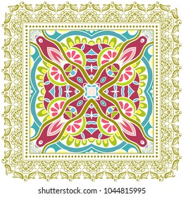Decorative colorful ornament on a white background, symmetric pattern with doodle lace frame. Tribal ethnic mandala decor. Bandana shawl, tablecloth fabric print, silk neck scarf, kerchief design