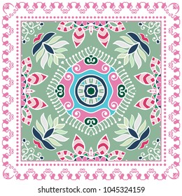 Decorative colorful ornament on a white background, symmetric pattern with doodle lace frame. Tribal ethnic mandala decor. Bandana shawl, tablecloth fabric print, silk neck scarf, kerchief design