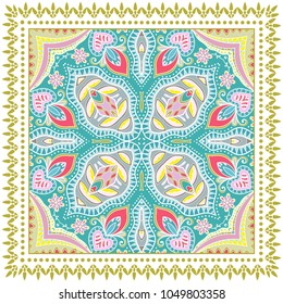 Decorative colorful ornament on a white background, symmetric pattern with doodle lace frame. Tribal ethnic mandala decor. Bandana shawl, tablecloth fabric print, silk neck scarf, kerchief design