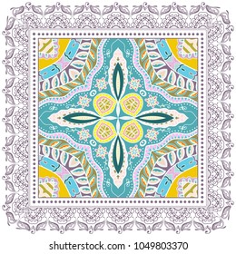 Decorative colorful ornament on a white background, symmetric pattern with doodle lace frame. Tribal ethnic mandala decor. Bandana shawl, tablecloth fabric print, silk neck scarf, kerchief design