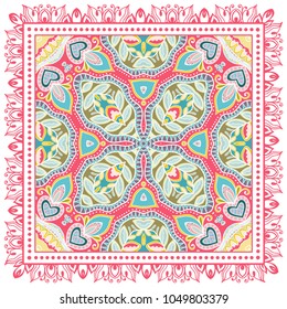 Decorative colorful ornament on a white background, symmetric pattern with doodle lace frame. Tribal ethnic mandala decor. Bandana shawl, tablecloth fabric print, silk neck scarf, kerchief design