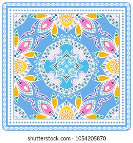 Decorative colorful ornament on a white background, symmetric pattern with doodle lace frame. Tribal ethnic mandala decor. Bandana shawl, tablecloth fabric print, silk neck scarf, kerchief design