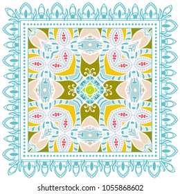 Decorative colorful ornament on a white background, symmetric pattern with doodle lace frame. Tribal ethnic mandala decor. Bandana shawl, tablecloth fabric print, silk neck scarf, kerchief design