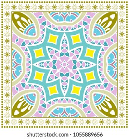 Decorative colorful ornament on a white background, symmetric pattern with geometric frame border. Tribal ethnic mandala decor. Bandana shawl, tablecloth fabric print, silk neck scarf, kerchief design