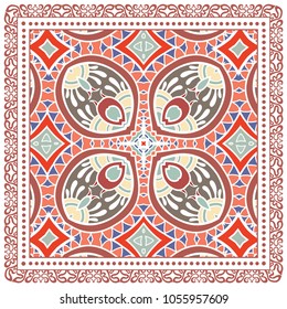 Decorative colorful ornament on a white background, symmetric pattern with doodle lace frame. Tribal ethnic mandala decor. Bandana shawl, tablecloth fabric print, silk neck scarf, kerchief design
