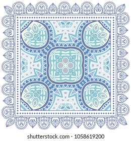 Decorative colorful ornament on a white background, symmetric pattern with doodle lace frame. Tribal ethnic mandala decor. Bandana shawl, tablecloth fabric print, silk neck scarf, kerchief design