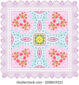Decorative colorful ornament on a white background, symmetric pattern with doodle lace frame. Tribal ethnic mandala decor. Bandana shawl, tablecloth fabric print, silk neck scarf, kerchief design