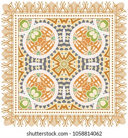 Decorative colorful ornament on a white background, symmetric pattern with doodle lace frame. Tribal ethnic mandala decor. Bandana shawl, tablecloth fabric print, silk neck scarf, kerchief design