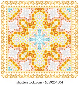 Decorative colorful ornament on a white background, symmetric pattern with doodle lace frame. Tribal ethnic mandala decor. Bandana shawl, tablecloth fabric print, silk neck scarf, kerchief design