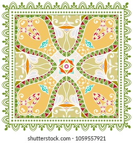 Decorative colorful ornament on a white background, symmetric pattern with doodle lace frame. Tribal ethnic mandala decor. Bandana shawl, tablecloth fabric print, silk neck scarf, kerchief design