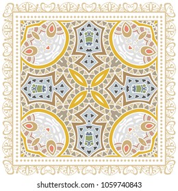 Decorative colorful ornament on a white background, symmetric pattern with doodle lace frame. Tribal ethnic mandala decor. Bandana shawl, tablecloth fabric print, silk neck scarf, kerchief design