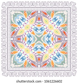 Decorative colorful ornament on a white background, symmetric pattern with doodle lace frame. Tribal ethnic mandala decor. Bandana shawl, tablecloth fabric print, silk neck scarf, kerchief design