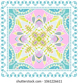 Decorative colorful ornament on a white background, symmetric pattern with doodle lace frame. Tribal ethnic mandala decor. Bandana shawl, tablecloth fabric print, silk neck scarf, kerchief design