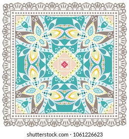 Decorative colorful ornament on a white background, symmetric pattern with doodle lace frame. Tribal ethnic mandala decor. Bandana shawl, tablecloth fabric print, silk neck scarf, kerchief design