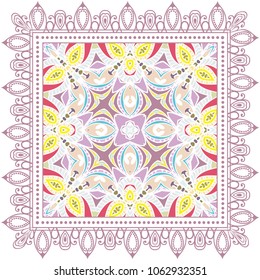 Decorative colorful ornament on a white background, symmetric pattern with doodle lace frame. Tribal ethnic mandala decor. Bandana shawl, tablecloth fabric print, silk neck scarf, kerchief design