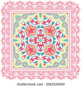 Decorative colorful ornament on a white background, symmetric pattern with doodle lace frame. Tribal ethnic mandala decor. Bandana shawl, tablecloth fabric print, silk neck scarf, kerchief design
