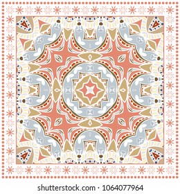 Decorative colorful ornament on a white background, symmetric pattern with doodle lace frame. Tribal ethnic mandala decor. Bandana shawl, tablecloth fabric print, silk neck scarf, kerchief design
