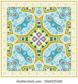 Decorative colorful ornament on a white background, symmetric pattern with doodle lace frame. Tribal ethnic mandala decor. Bandana shawl, tablecloth fabric print, silk neck scarf, kerchief design